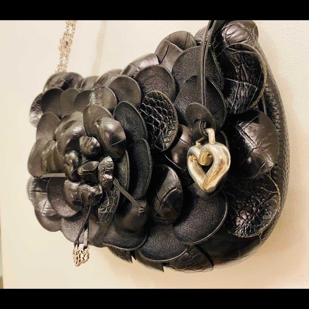 Brighton Black Leather Rosette shoulder bag purse